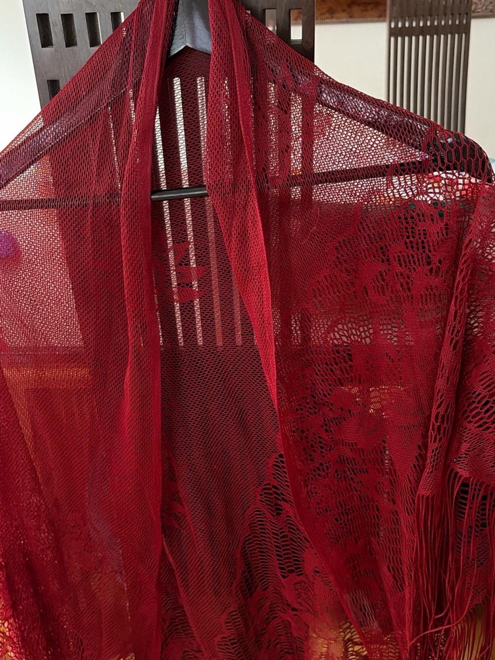 Lace Fringe Wrap Shawl in Burgundy Red